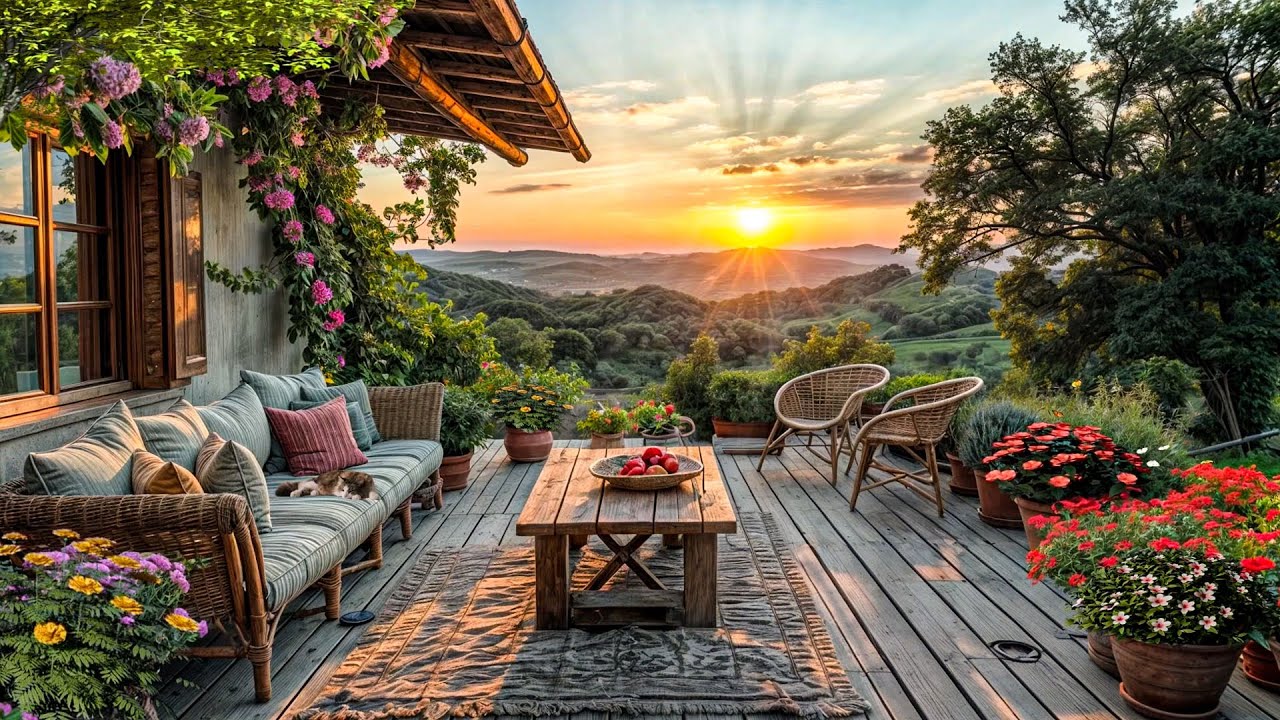 4K Cool Spring Morning on the Balcony Overlooking the Mountains Birds Singing & the SunShining