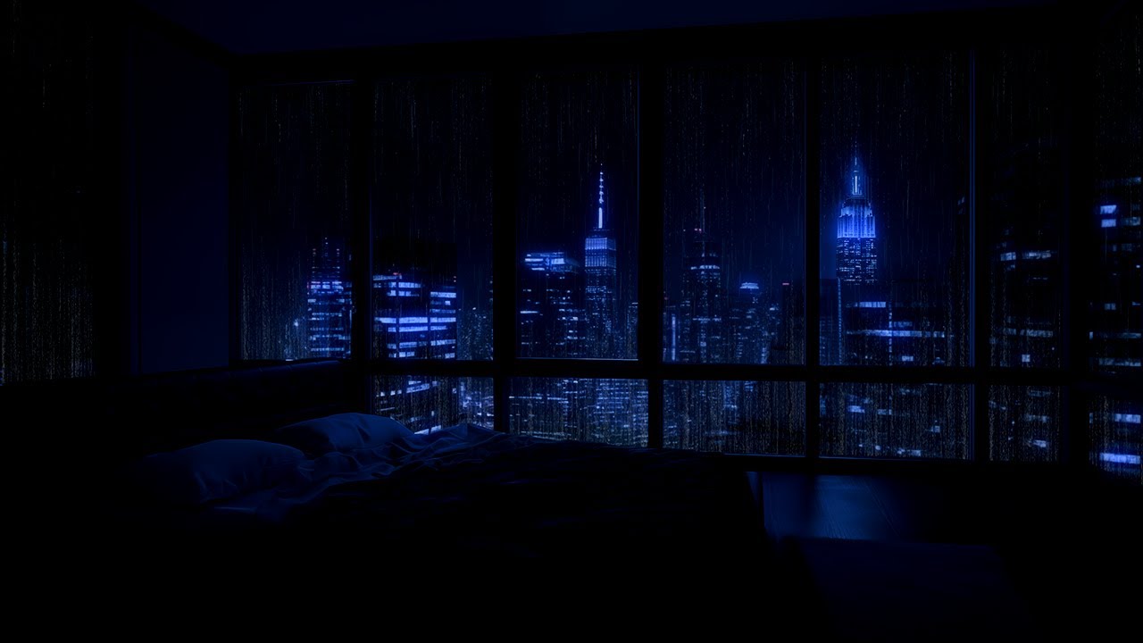 Midnight City Rainstorm 🌧️ | High-Rise Bedroom View with Soft Distant Thunder for Deep Sleep 4K