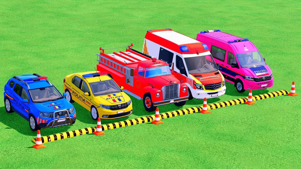 TRANSPORTING POLICE CARS, AMBULANCE, FIRE DEPARTMENT VEHICLES WITH TRUCKS ! Farming Simulator 22