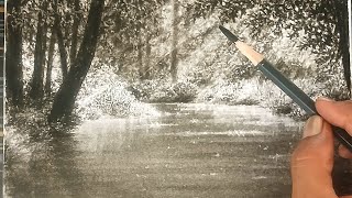 Pencil drawing of a beautiful natural view of the forest.