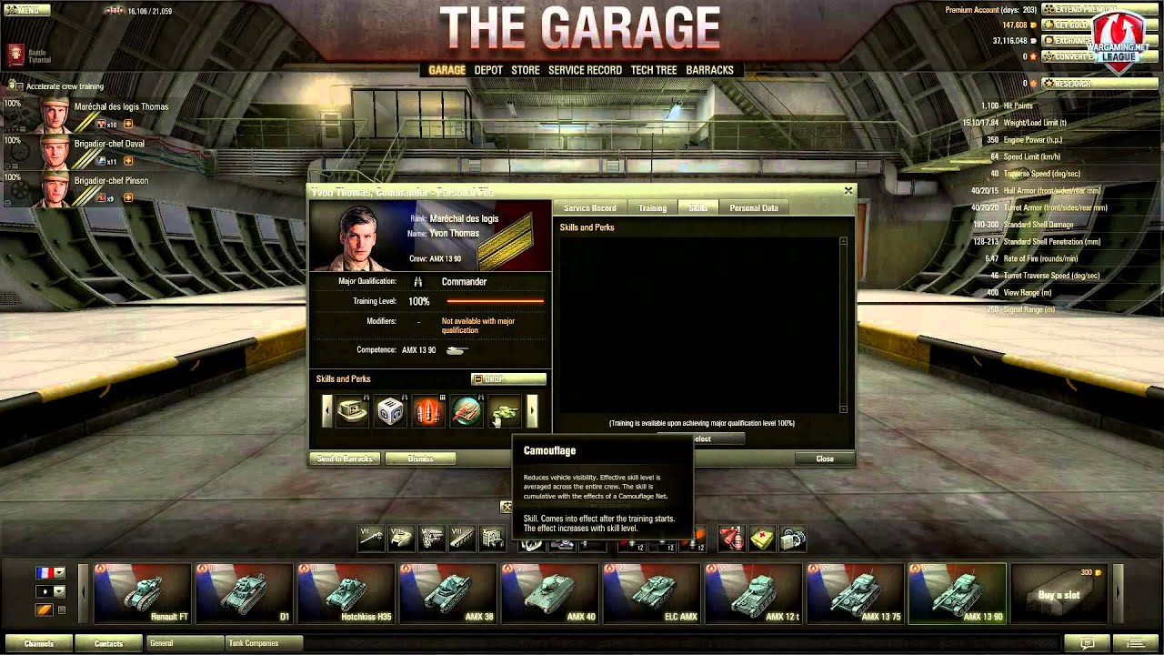 World Of Tanks The Garage 29 Amx 13 90 Equipment And Crew Skills Youtube