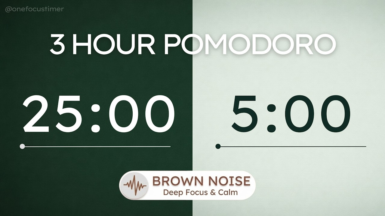 3 Hour Pomodoro Timer 25/5 – Brown Noise | ADHD Deep Focus | Deep ...