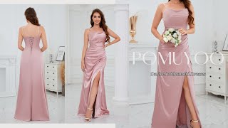 POMUYOO | Enchanting Sheath Cowl Ruched Slit Long Satin Occasion Dresses