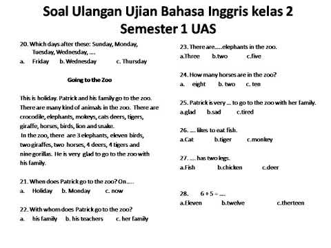 Soal Uas Bahasa Inggris Kelas 2 Sd Semester 1 Youtube