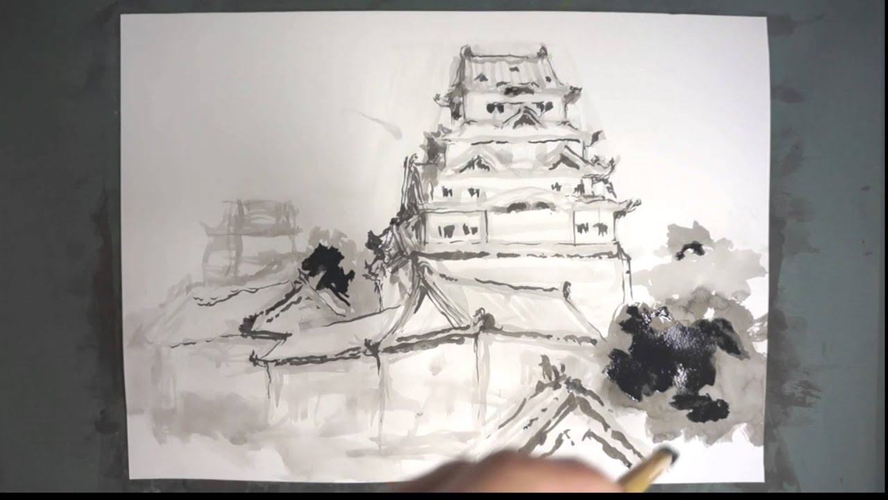 筆のイラスト描き方 絵の上達法を実演解説 姫路城 How To Draw Himeji Castle を墨でデッサン 水墨画的即興イラスト Youtube