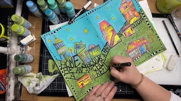 A whimsical art journal page using art by Marlene products