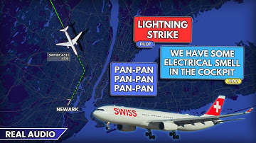 Lightning strike on approach to Newark. Swiss Airbus A330 declares PAN-PAN. Real ATC
