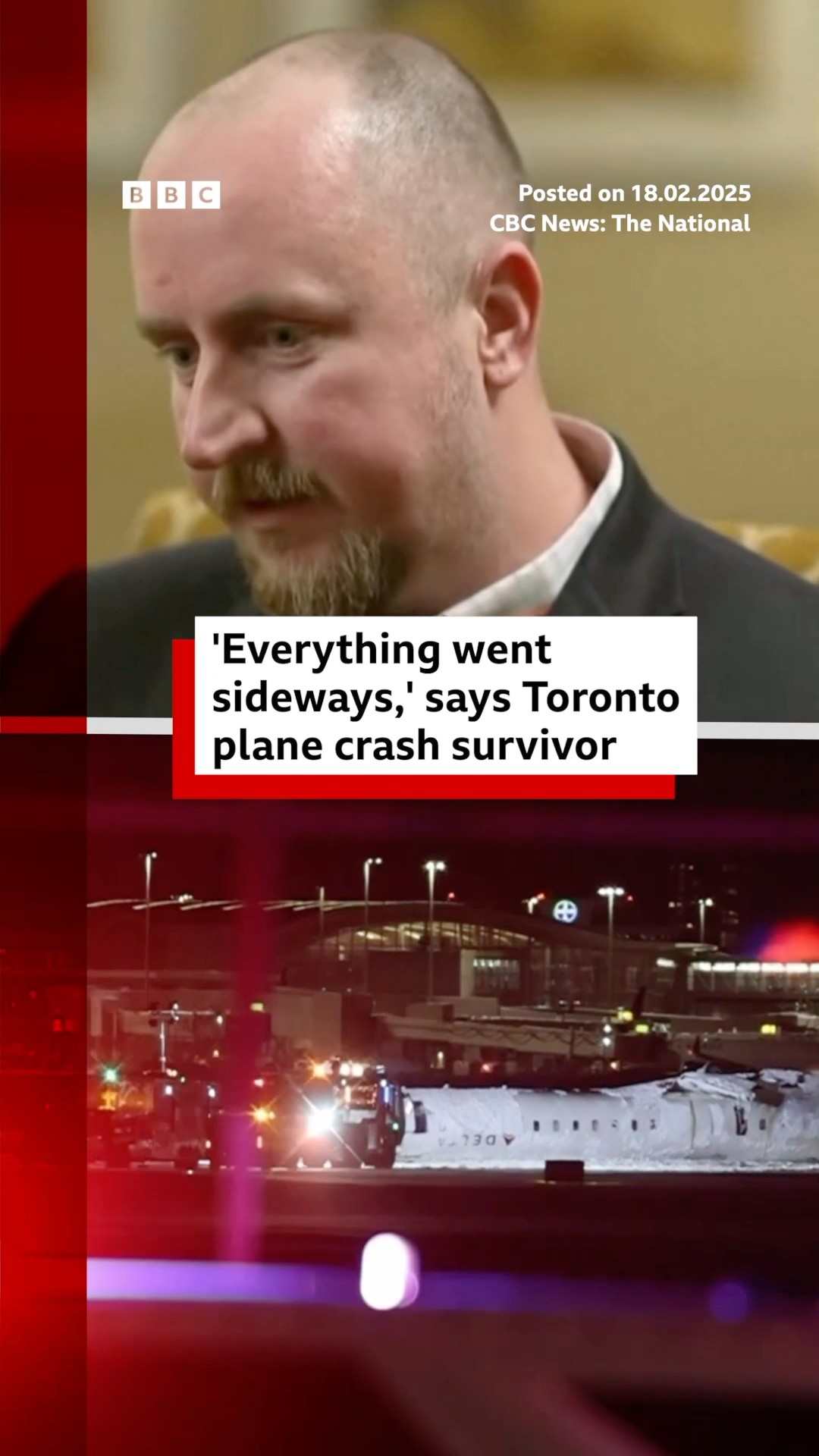 Toronto plane crash passenger recalls moment plane turned over. #Toronto #Airplane #BBCNews