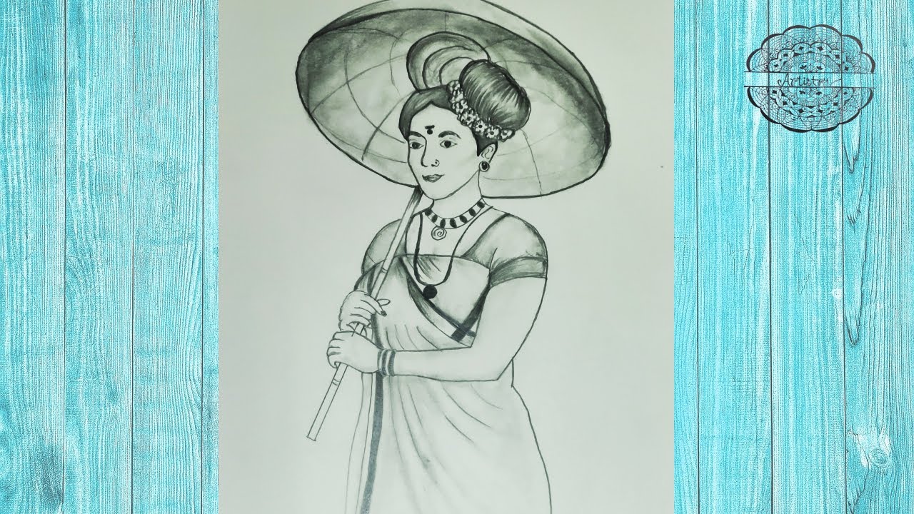 How to draw an Indian Beauty in Kerala Traditional Dress for Beginners