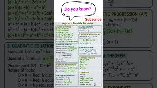 📘 Algebra – All Important Formulas 📘 #mathsshorts #boardexam #formula #education#shorts