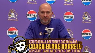 ECU Football Defensive Coordinator Coach Blake Harrell, App State post practice press conference