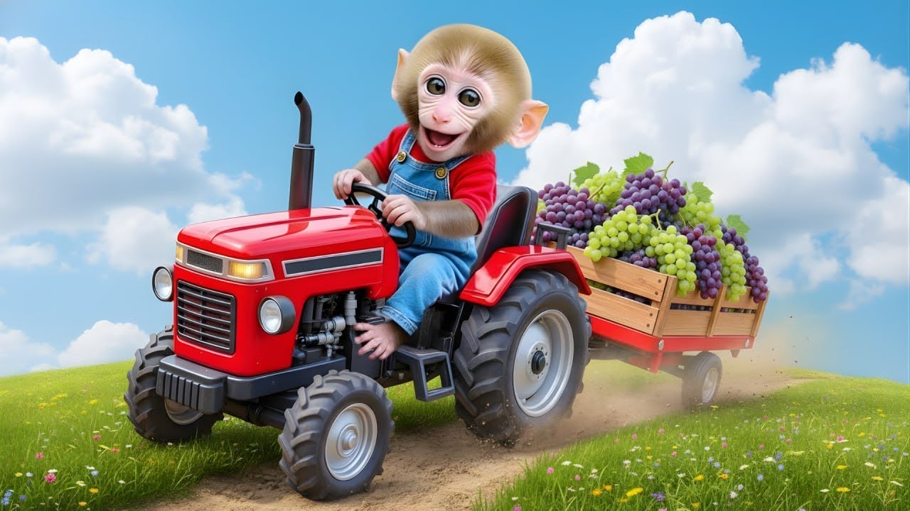 Monkey Ride Tractor Roro Monkey Drives a Red Tractor to Harvest Fresh Grapes on the Farm ...