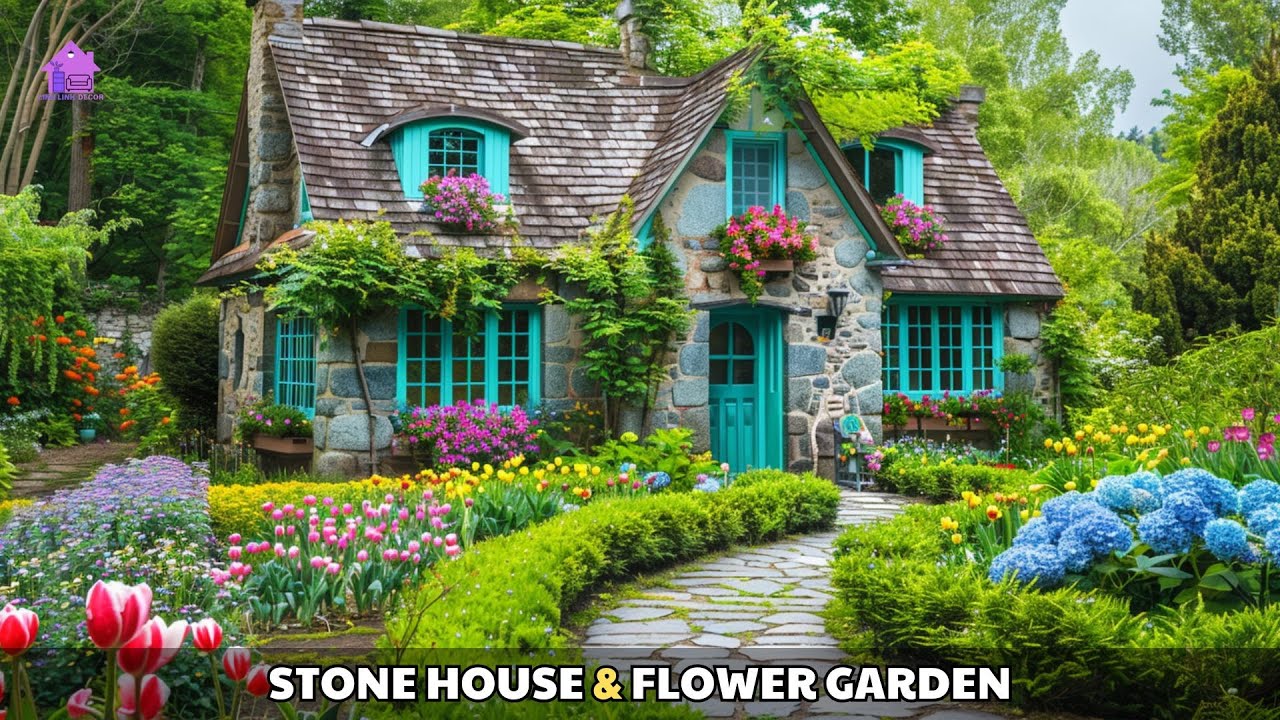 Wooden house with tiled roof: Cozy Design with Round Blue Doors & Flower Garden