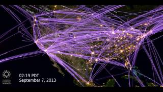 Real-time air traffic reveals modern travel patterns. illustrating
data taken over just two days in september 2013, this clip shows
flights north america....