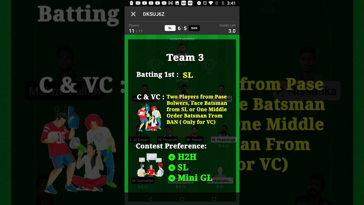 🏏 Asia Cup T20 5th Match 💢 SL vs BAN Dream11 H2H, SL, GL and Mini GL Teams‼️ 