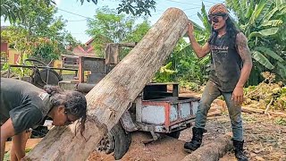 Amazing skills of a man Splitting teak wood  assembled serkel chainsaw