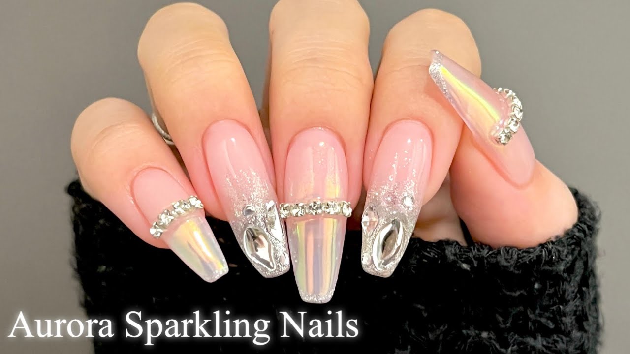 【セルフネイル】オーロラスパークリングネイル🥂✨/チップで長さだし💅/BORN PRETTY/ASMR/韓国ネイル/ワンホンネイル/ジェルネイル