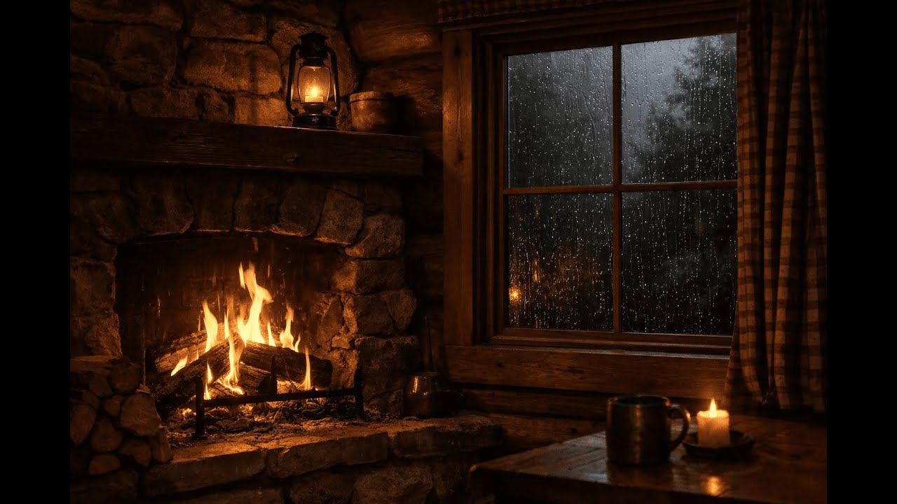 🔥 Fireplace & Gentle Rain Ambience 🌧️| Cozy Cabin Sounds for Sleep ...