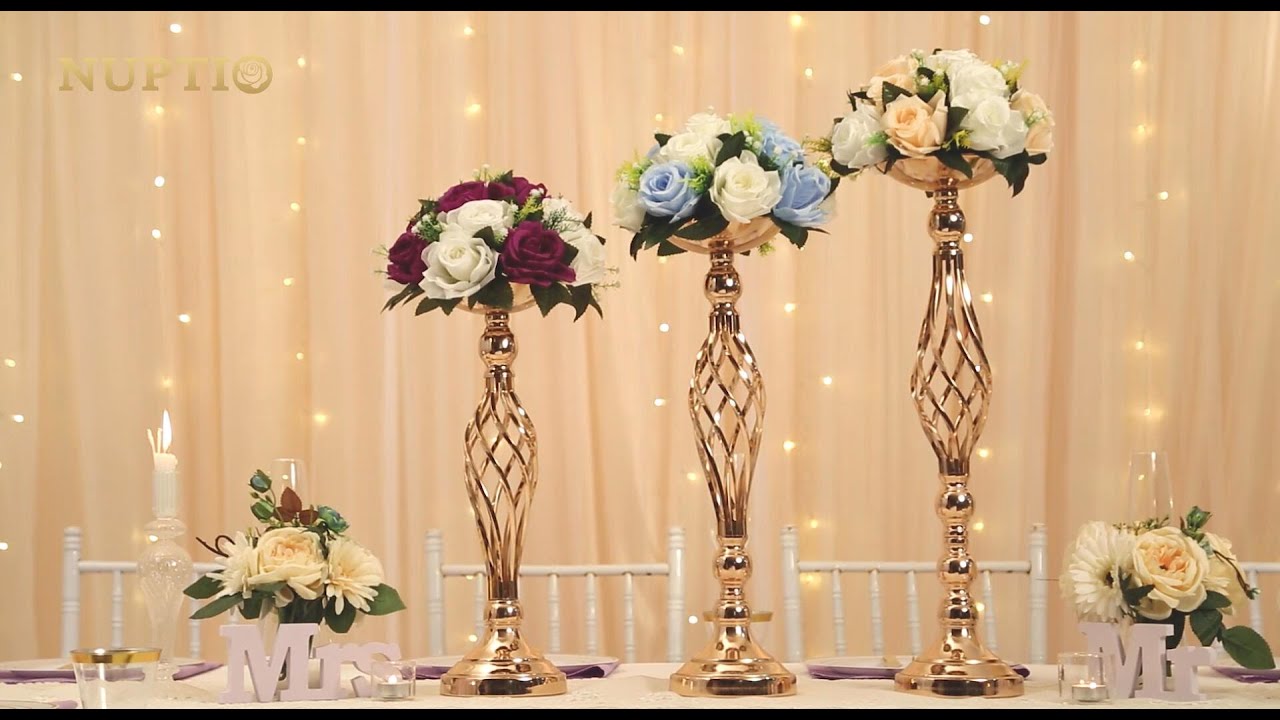 NUPTIO Gouden Vaas voor Tafel Centerpieces: 2 Stuks 60cm Hoge Bloemenstandaard Bruiloft Metalen Trompet Vazen Geometrische Middenstukken Display Stands Verjaardagsfeest Gangpad Eetkamer Decoraties