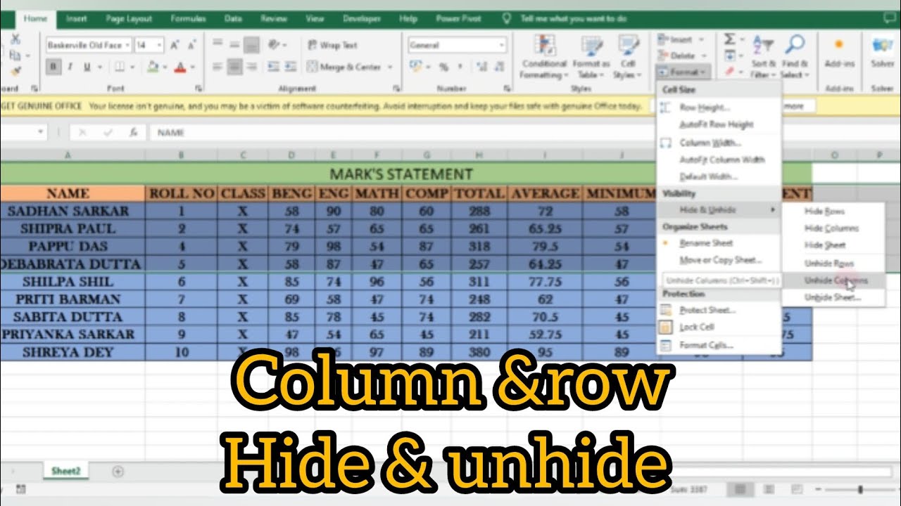how to hide & unhide column & row #excel #ms excel #row&column - YouTube