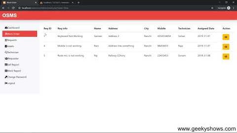 Work Order Page of Online Service Management System PHP MySQL Project (Hindi)