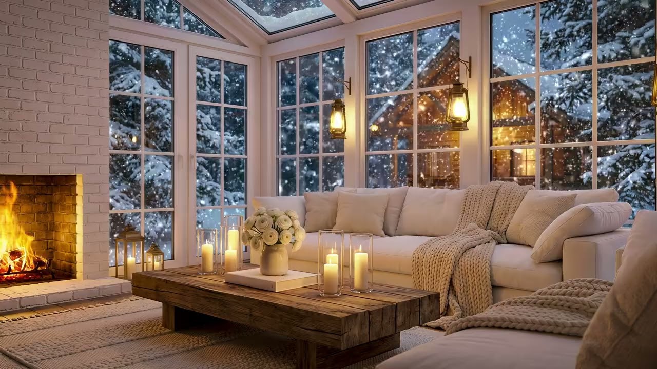 Зимняя гостиная с фортепиано | Светом камина и падающим снегом | Умиротворяющая музыка для учебы