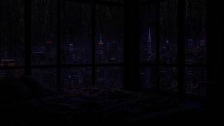 [NO ADS] 😴 Relaxing Rain on Window in a Dark NYC Bedroom🌧️Miami City Lights for Deep Sleep & Study 🌃