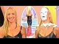 Gorgeous blonde woman in sexy leather dress (Cristina Rinaldi) gets pied on Sette per Uno