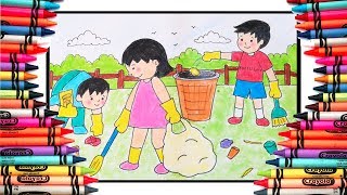 How to draw people cleaning environment easy drawing for beginners