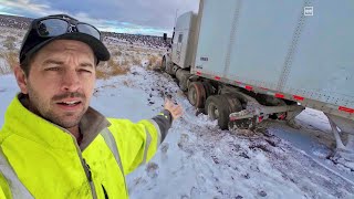 Loaded tractor trailer hits the ice!  And then the ditch..