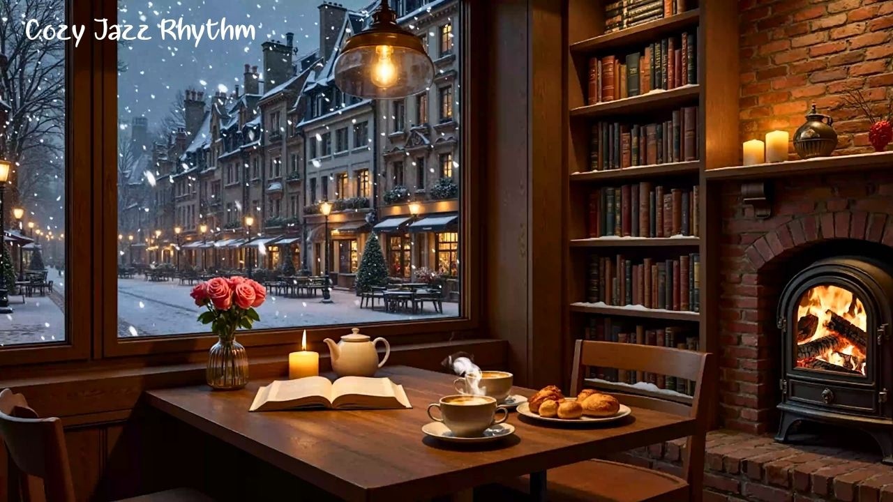 Relaxing Winter Coffee Shop ❄️ Warm jazz music, Piano & Fireplace for Focus