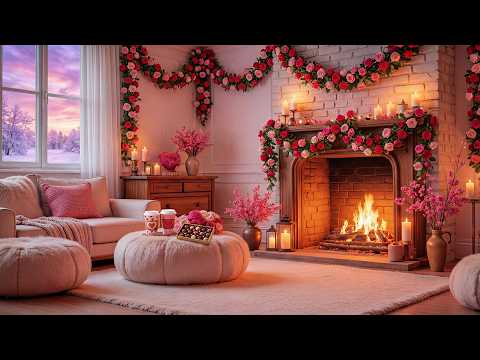 Pink Valentine S Day Fireplace Ambience Gentle Piano Music Snowfall Valentine Background Music 