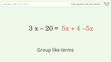 Linear equation with one unknown: Solve 4(2x-5)=5x+4 step-by-step solution