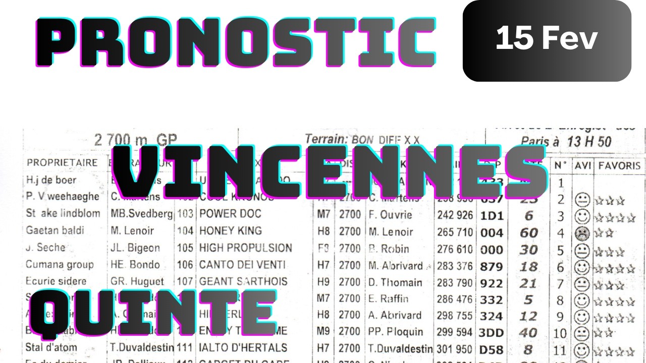 Pronostic Quinté 15 FEV 2026– Analyse Gagnan VINCENNES