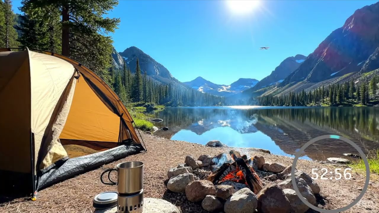 1 Hour Peaceful Camping by Mountain Lake | Campfire Sounds & Nature Ambience