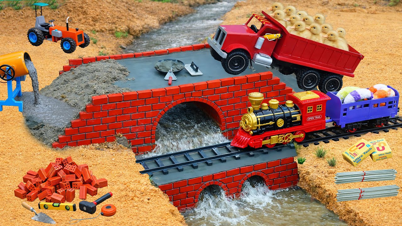 DIY Mini Tractor Builds a Strong Brick and Concrete Bridge for Trains and Trucks After