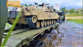 US Army Military Truck 8x8 HG P801& P806 Trailer + Heng Long M1A2 Abrams Tank Off-Road Action ASMR