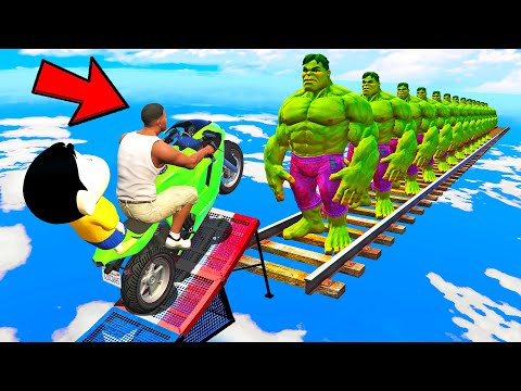 SHINCHAN AND FRANKLIN TRIED IMPOSSIBLE GREEN HULK MOTORCYCLE OBSTACLES CHALLENGE GTA 5