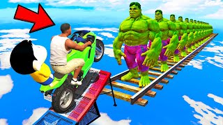 SHINCHAN AND FRANKLIN TRIED IMPOSSIBLE GREEN HULK MOTORCYCLE OBSTACLES CHALLENGE GTA 5