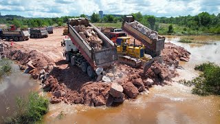 Ep33 Fantastic Fastest Skills Machines Operator on Land Filling dozer pushing Rock with Dump Truck