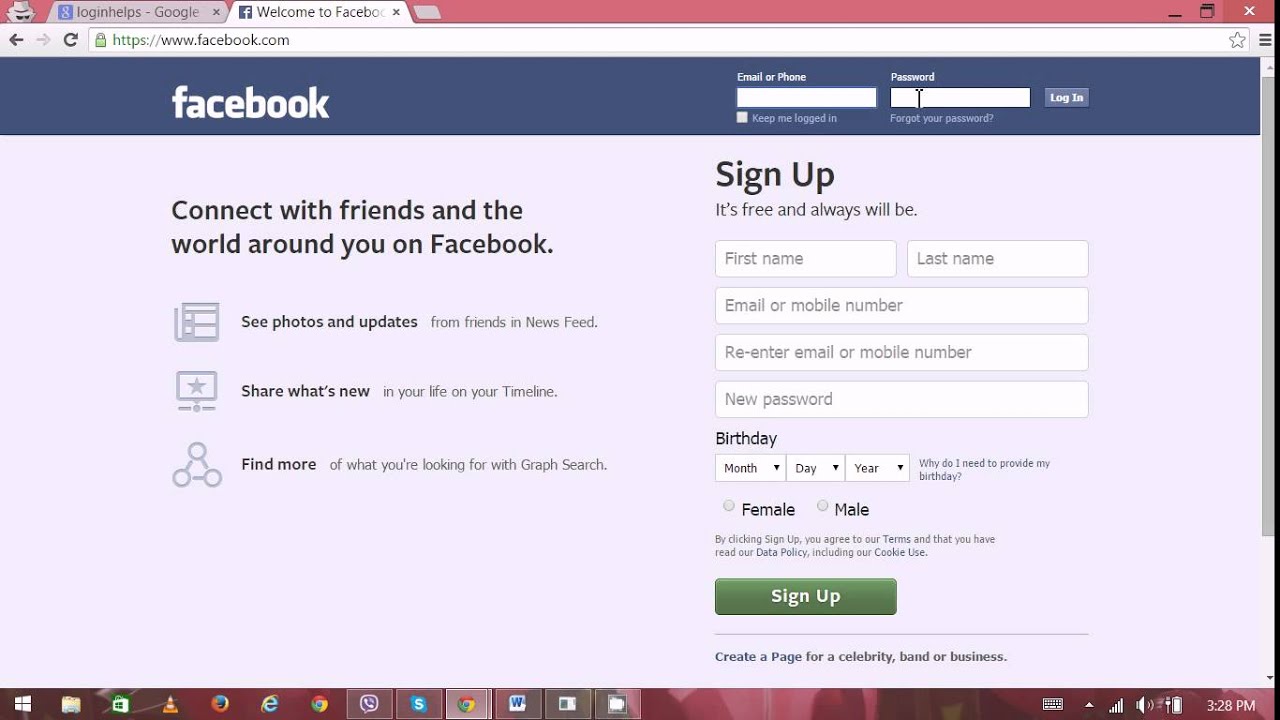 Facebook log in and sign up