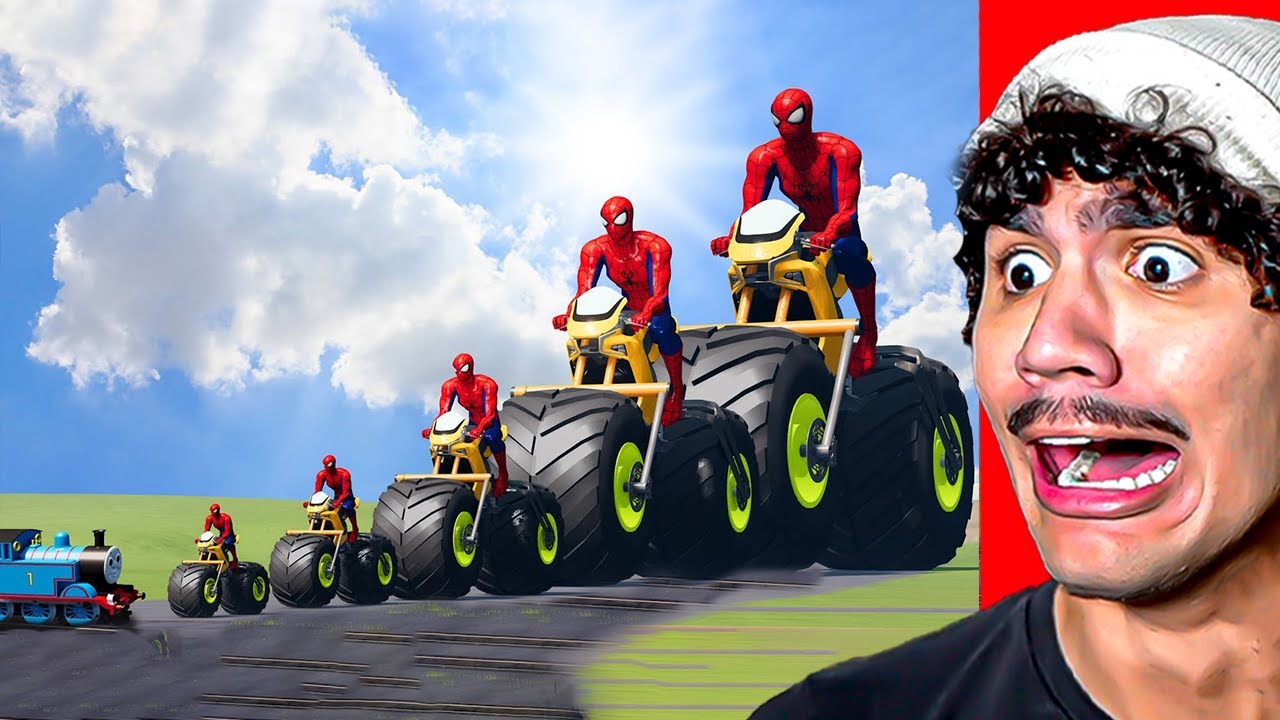 Reagindo a Homem-Aranha Grande e Pequeno em uma Moto com Rodas de Monster vs Trem no BeamNG.Drive