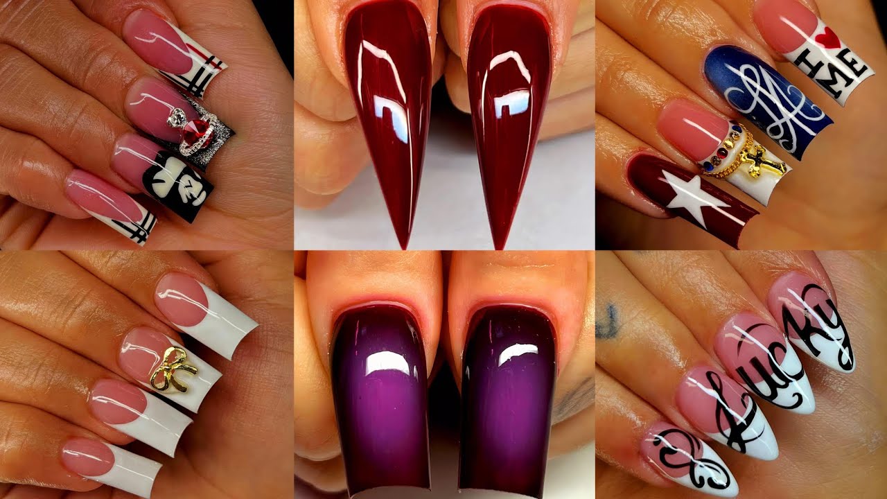 Как сделать красно-фиолетовый омбре на ногтях-стилетах (2026): пошаговый 3D-урок с подвесками.
