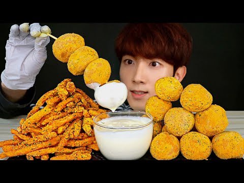 ASMR CHEESE BALL FRIES 뿌링치즈볼 뿌링감자 뿌링소스 먹방 MUKBANG Cheese yogurt sauce EATING SOUNDS チーズ Keju Phô mai