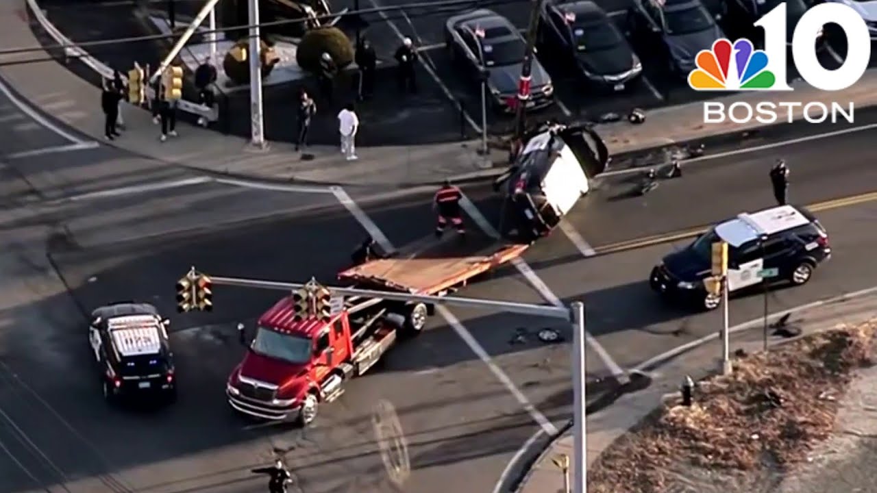 2 police cruisers crash, leaving one on its side in Brockton