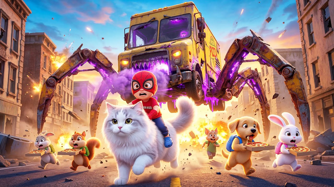 SPIDER-MAN KID & GIANT CAT FIGHT AGAINST THE PIZZA TRUCK MONSTER! 🍦🕷️ | Ziggy & Zooey