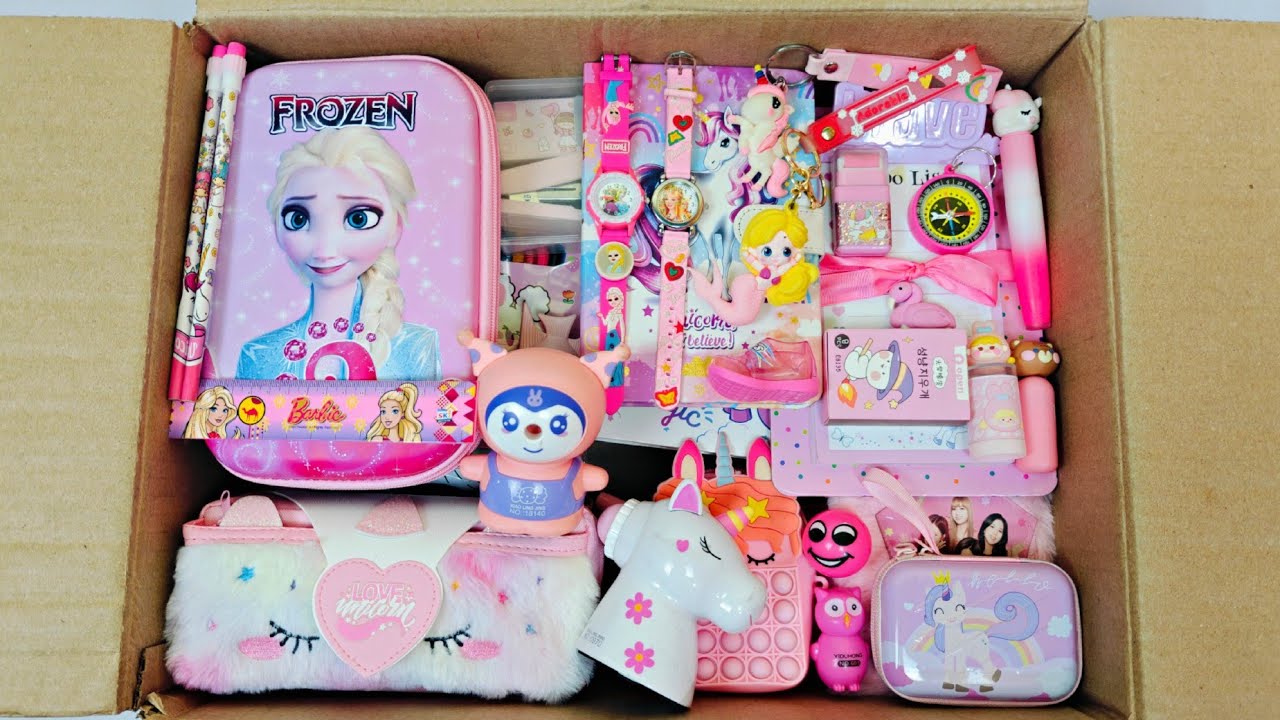 Unboxing Pink stationery items - Barbie pencil case, unicorn sharpener, eraser, piggy bank, diary