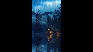 Cozy Rain & Thunder Sounds for Bedtime  Bleak Stormy Night in Lakeside Wooden Chalet