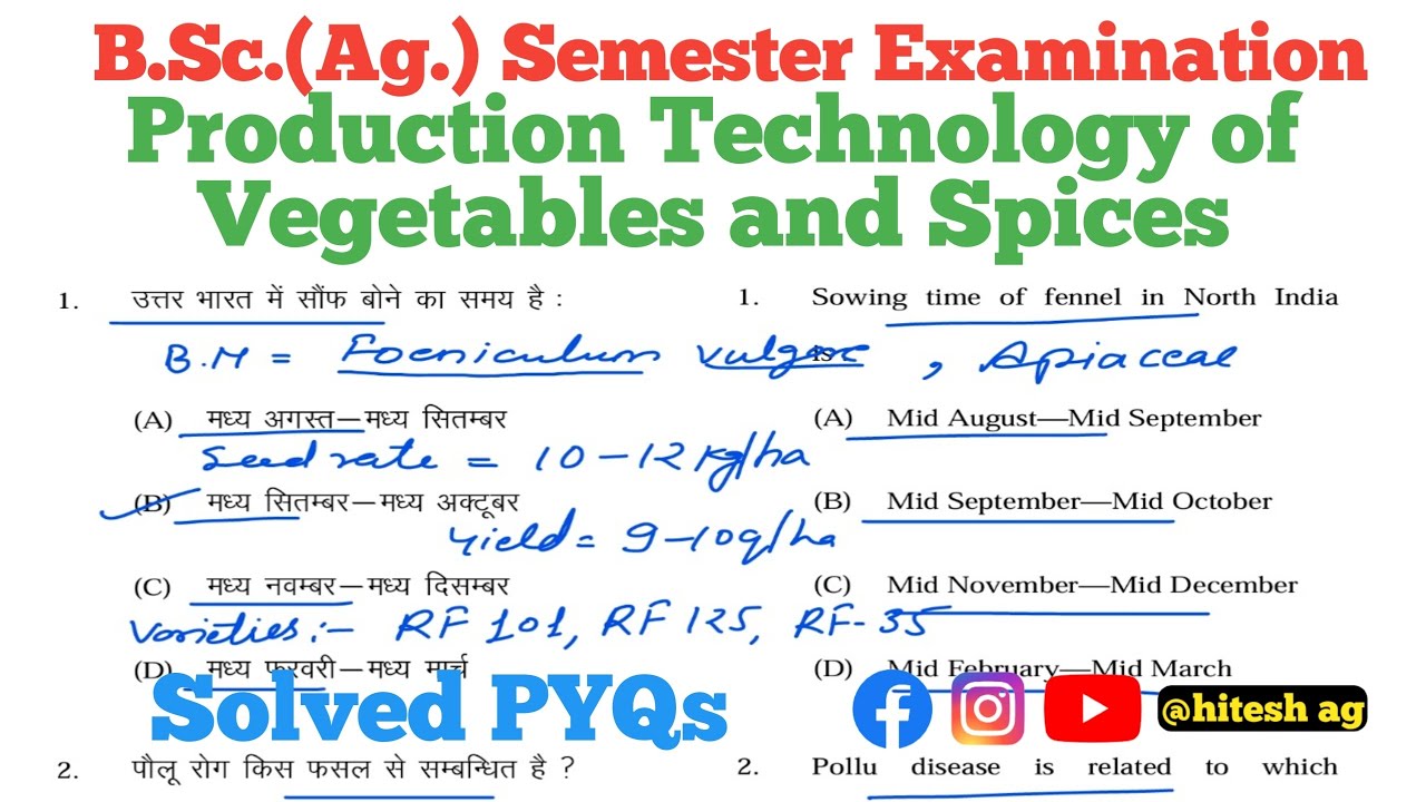 Production Technology of Vegetables and Spices MCQs Solved PYQs 4th semester Rohilkhand University 