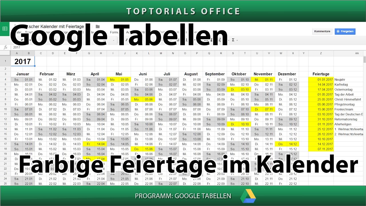 New Feiertage im Kalender farbig markieren (Google Tabellen / Spreadsheets)